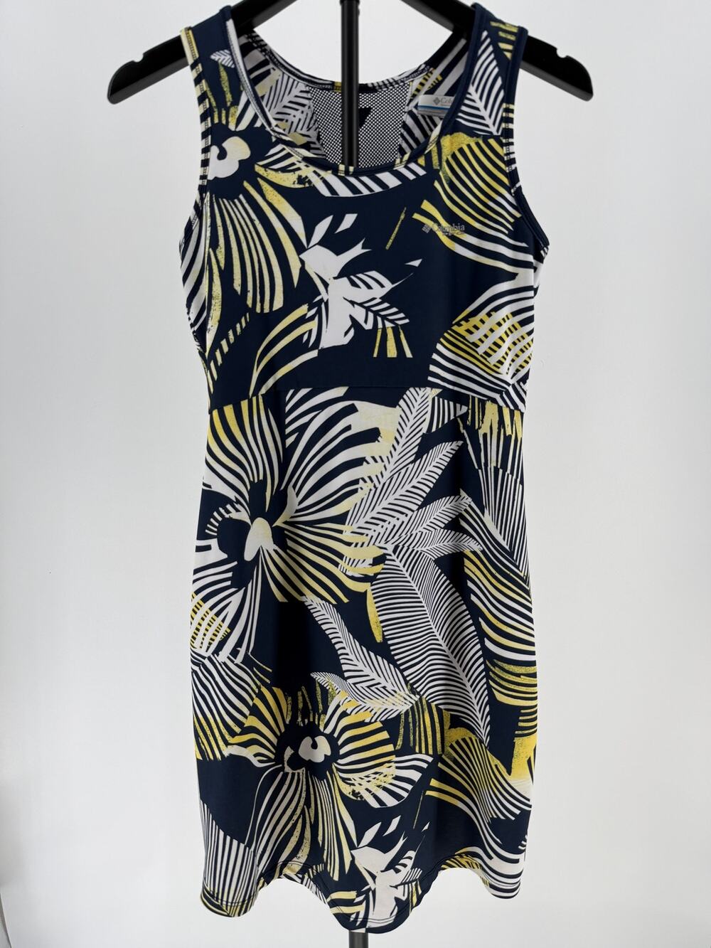 Columbia Omni-Shade Women Small Tropical Floral Sleeveless Dress Navy Yellow UPF